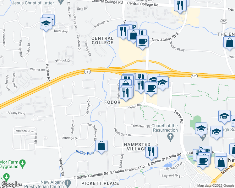 map of restaurants, bars, coffee shops, grocery stores, and more near 5231 Sulgrave Drive in New Albany