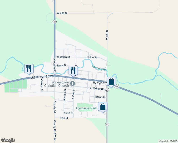 map of restaurants, bars, coffee shops, grocery stores, and more near 201 Orchard Street in Waynetown