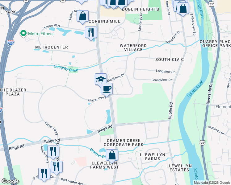 map of restaurants, bars, coffee shops, grocery stores, and more near 365 Avon Court in Dublin