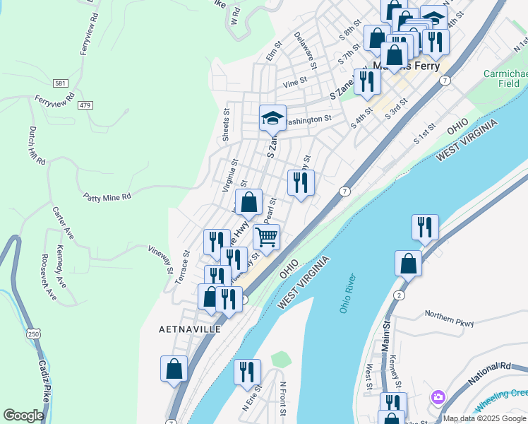 map of restaurants, bars, coffee shops, grocery stores, and more near 1023 Pearl Street in Martins Ferry