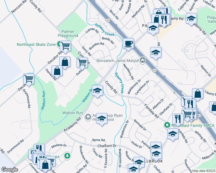 map of restaurants, bars, coffee shops, grocery stores, and more near 3203 Rhett Road in Philadelphia