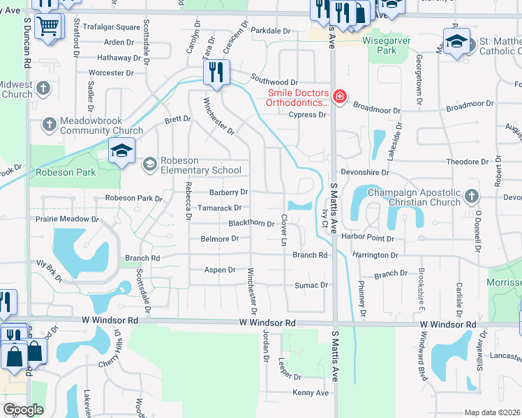 map of restaurants, bars, coffee shops, grocery stores, and more near 2111 Tamarack Court in Champaign
