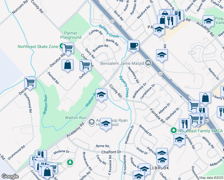 map of restaurants, bars, coffee shops, grocery stores, and more near 3203 Rhett Road in Philadelphia