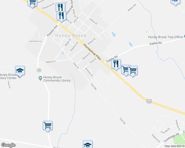 map of restaurants, bars, coffee shops, grocery stores, and more near 447 Cahill Circle in Honey Brook
