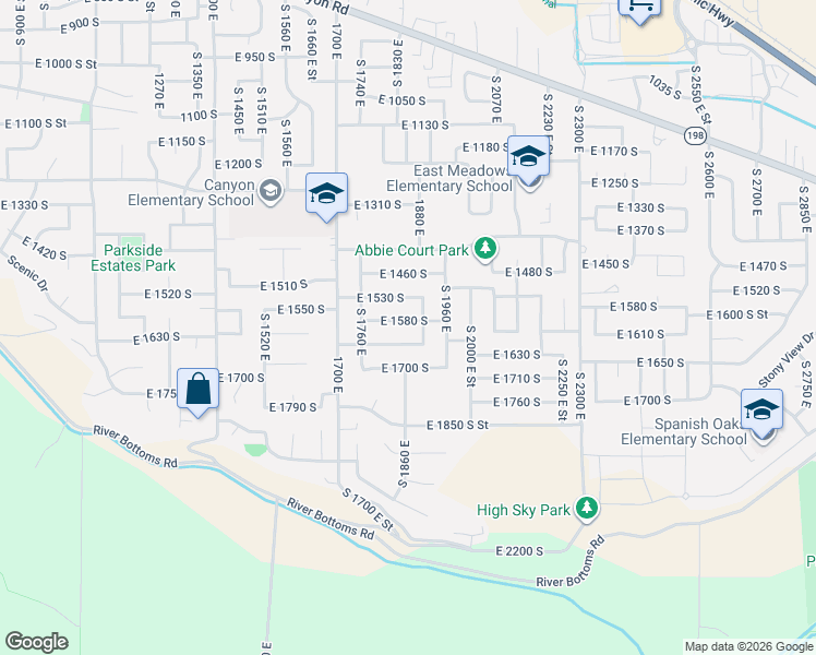 map of restaurants, bars, coffee shops, grocery stores, and more near 1868 East 1580 South in Spanish Fork