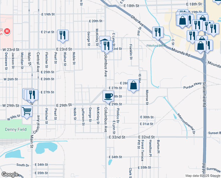 map of restaurants, bars, coffee shops, grocery stores, and more near 1011 East 27th Street in Anderson