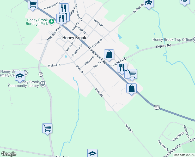 map of restaurants, bars, coffee shops, grocery stores, and more near 447 Cahill Circle in Honey Brook