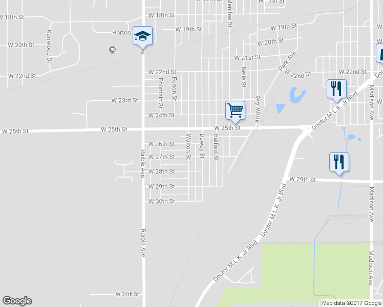 map of restaurants, bars, coffee shops, grocery stores, and more near 2612 Walton Street in Anderson