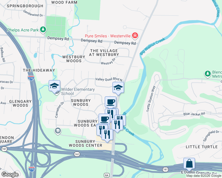 map of restaurants, bars, coffee shops, grocery stores, and more near 4491 Scissortail Loop in Westerville