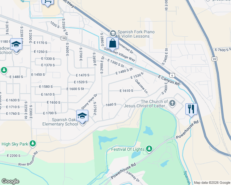 map of restaurants, bars, coffee shops, grocery stores, and more near 2982 East 1610 South in Spanish Fork