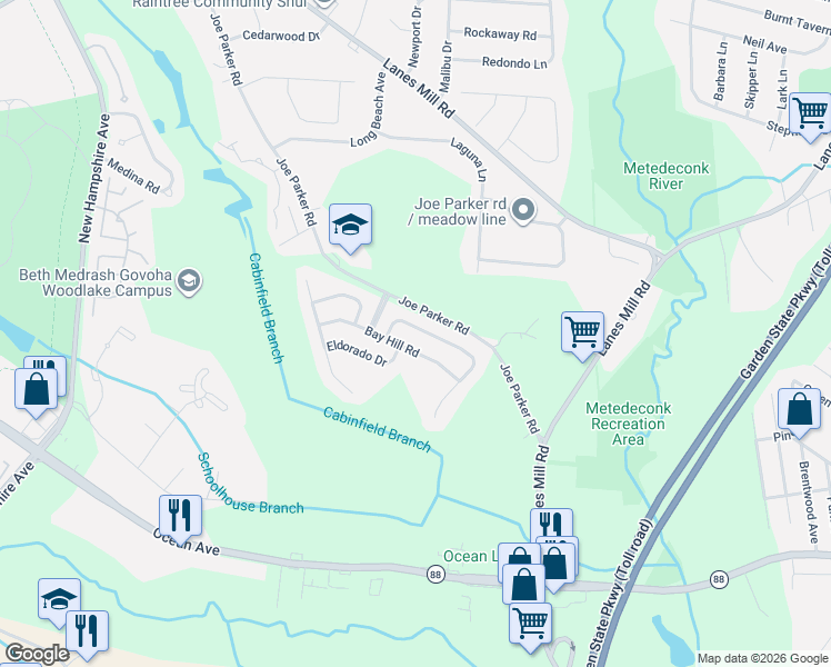map of restaurants, bars, coffee shops, grocery stores, and more near 30 Jumping Brook Drive in Lakewood Township