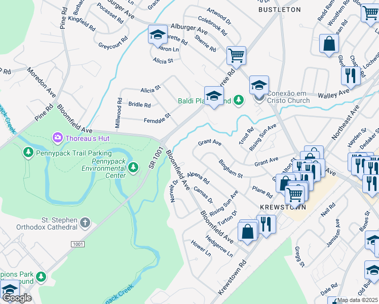 map of restaurants, bars, coffee shops, grocery stores, and more near 949 Grant Avenue in Philadelphia
