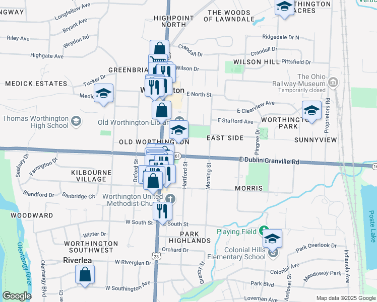map of restaurants, bars, coffee shops, grocery stores, and more near 72 East Dublin Granville Road in Worthington