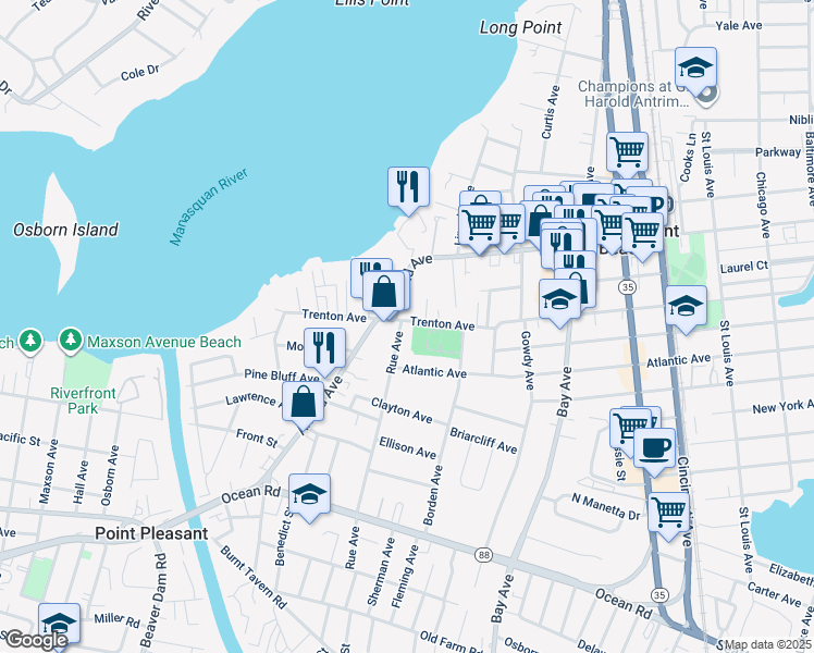 map of restaurants, bars, coffee shops, grocery stores, and more near 800 Rue Avenue in Point Pleasant