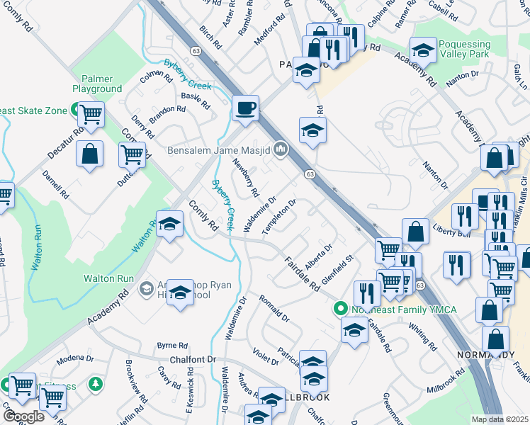 map of restaurants, bars, coffee shops, grocery stores, and more near 11929 Waldemire Drive in Philadelphia