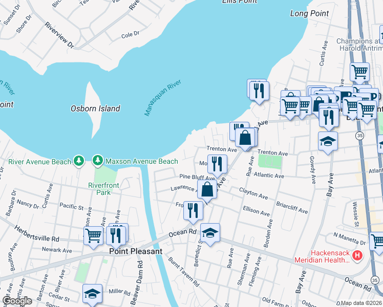 map of restaurants, bars, coffee shops, grocery stores, and more near 1139 Harding Place in Point Pleasant