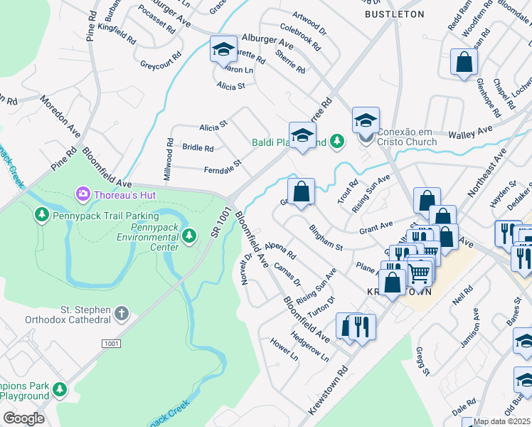 map of restaurants, bars, coffee shops, grocery stores, and more near 949 Grant Avenue in Philadelphia