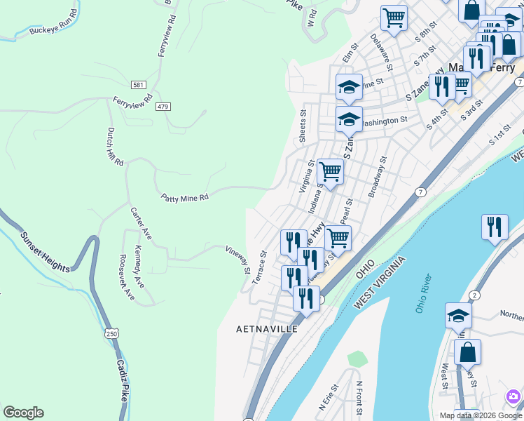 map of restaurants, bars, coffee shops, grocery stores, and more near 1119 Hughes Avenue in Martins Ferry