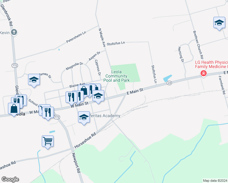 map of restaurants, bars, coffee shops, grocery stores, and more near 7 East Main Street in Leacock-Leola-Bareville