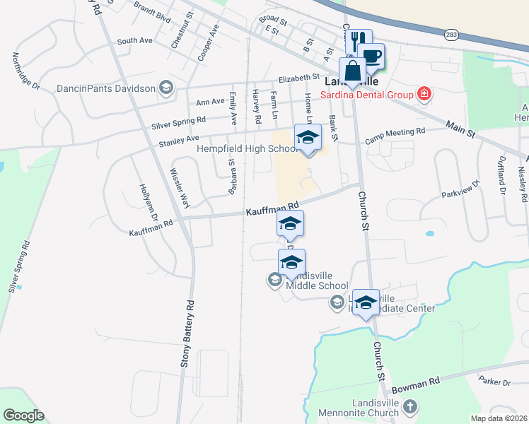 map of restaurants, bars, coffee shops, grocery stores, and more near 308 Main Street in Landisville