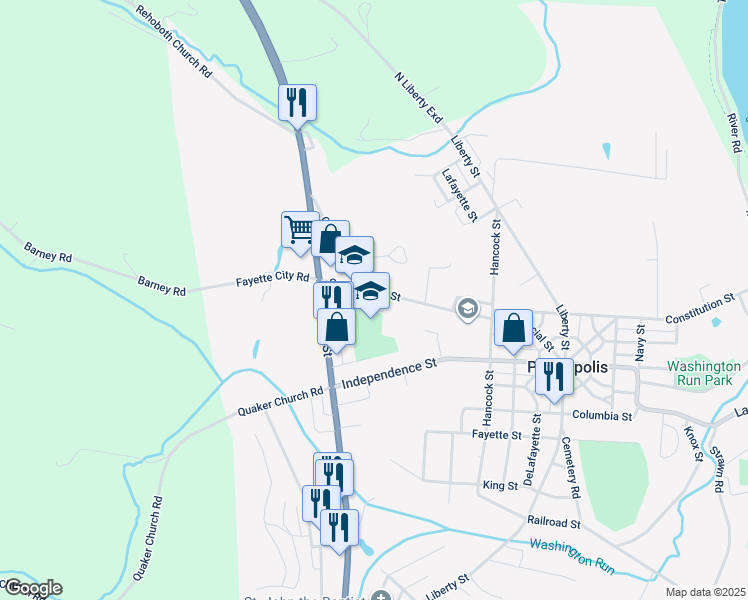 map of restaurants, bars, coffee shops, grocery stores, and more near 114 Constitution Street in Perryopolis