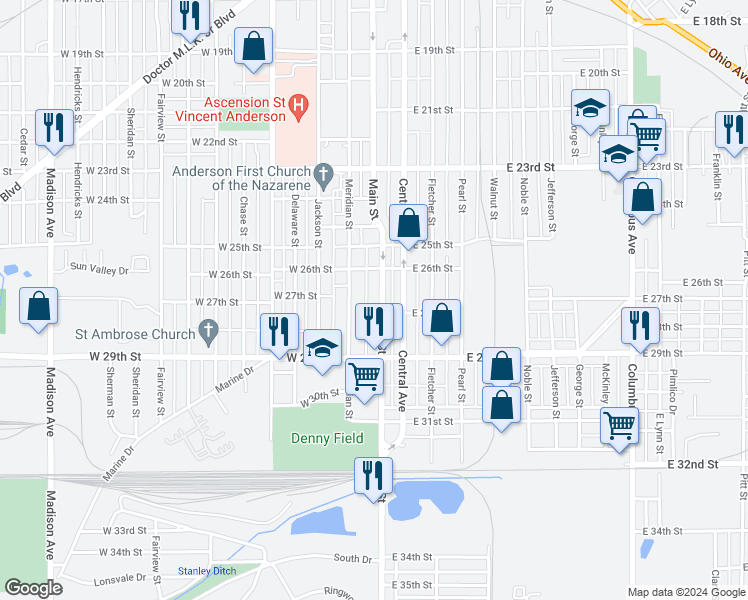 map of restaurants, bars, coffee shops, grocery stores, and more near 2636 Meridian Street in Anderson