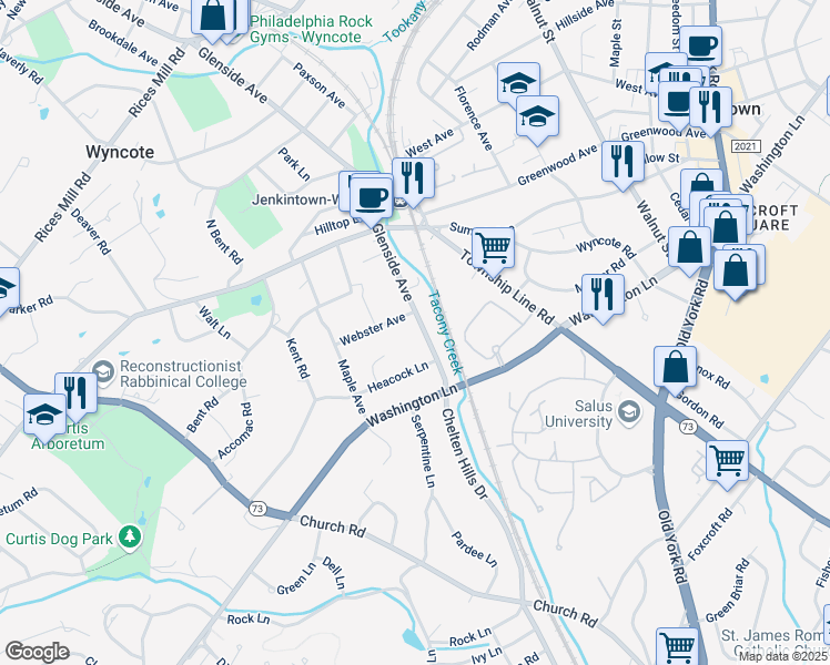 map of restaurants, bars, coffee shops, grocery stores, and more near 110 Glenside Avenue in Wyncote