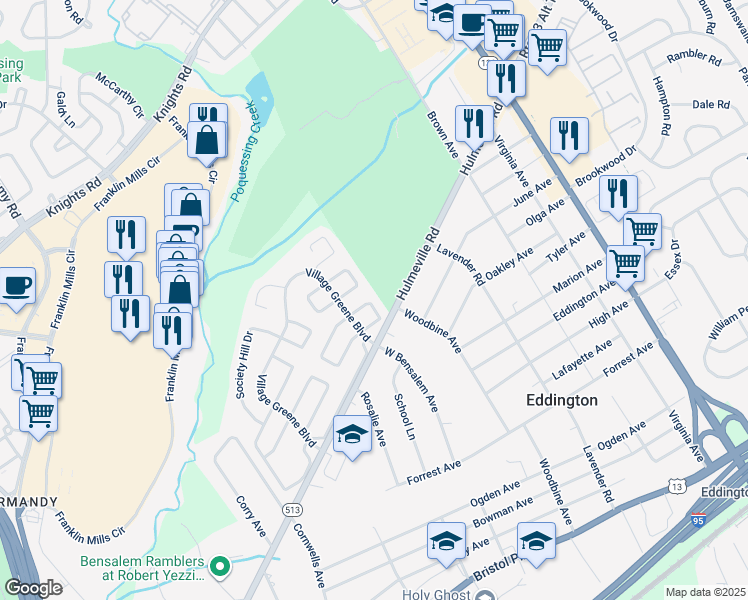 map of restaurants, bars, coffee shops, grocery stores, and more near 2540 New Market Square North in Bensalem