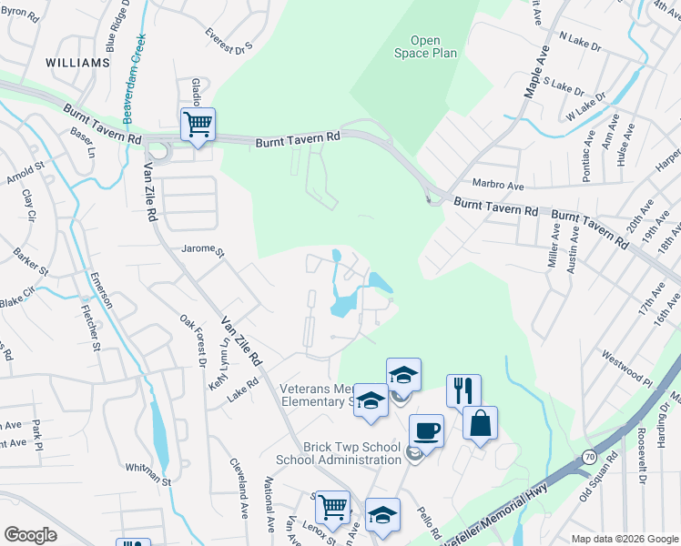 map of restaurants, bars, coffee shops, grocery stores, and more near 5 Brandywine Court in Brick Township