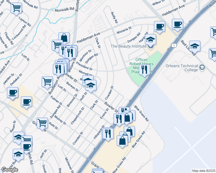 map of restaurants, bars, coffee shops, grocery stores, and more near 9759 Clark Street in Philadelphia