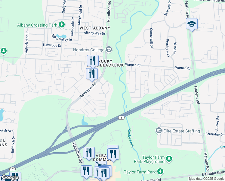 map of restaurants, bars, coffee shops, grocery stores, and more near 5286 Bridwell Lane in Westerville