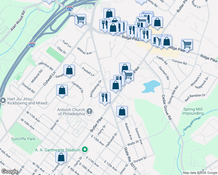 map of restaurants, bars, coffee shops, grocery stores, and more near 204 Monsignor Drive in Conshohocken
