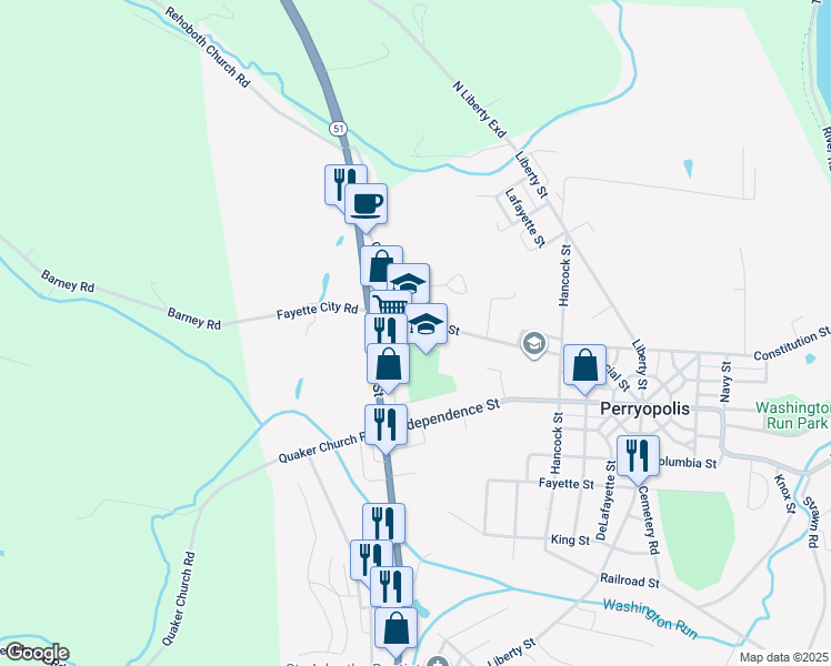 map of restaurants, bars, coffee shops, grocery stores, and more near 114 Constitution Street in Perryopolis