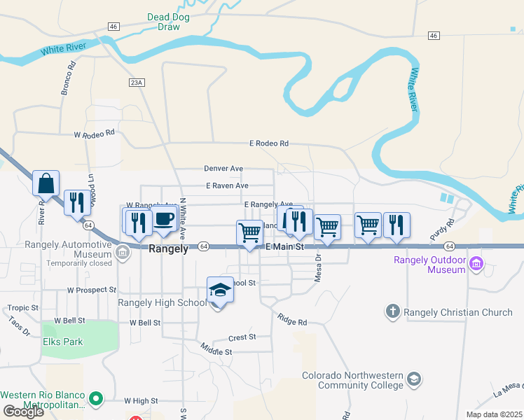 map of restaurants, bars, coffee shops, grocery stores, and more near 405 East Rangely Avenue in Rangely