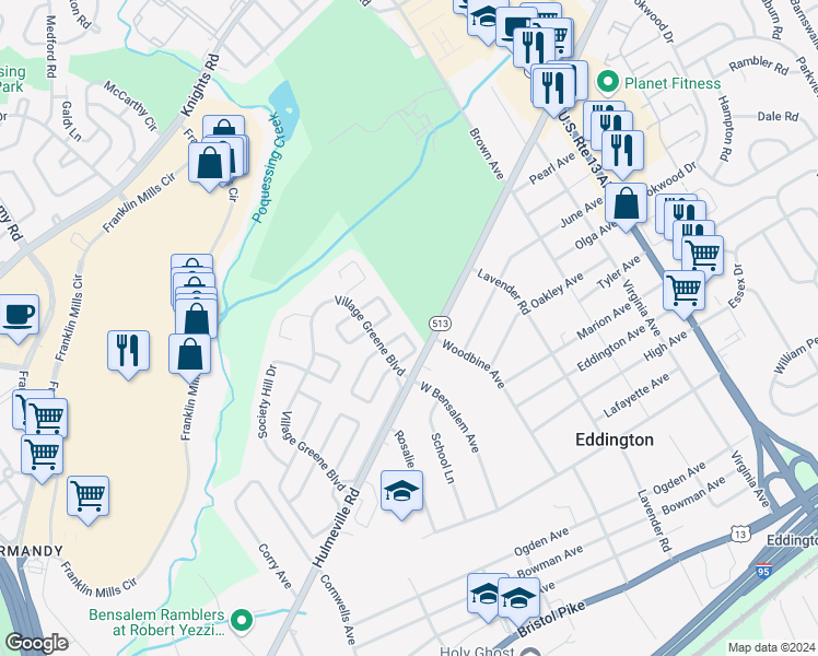 map of restaurants, bars, coffee shops, grocery stores, and more near 2540 New Market Square North in Bensalem