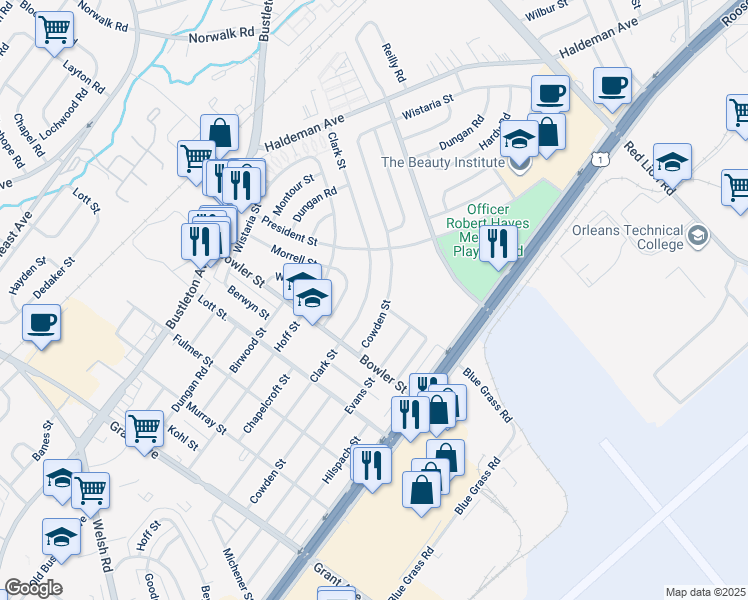 map of restaurants, bars, coffee shops, grocery stores, and more near 9759 Clark Street in Philadelphia