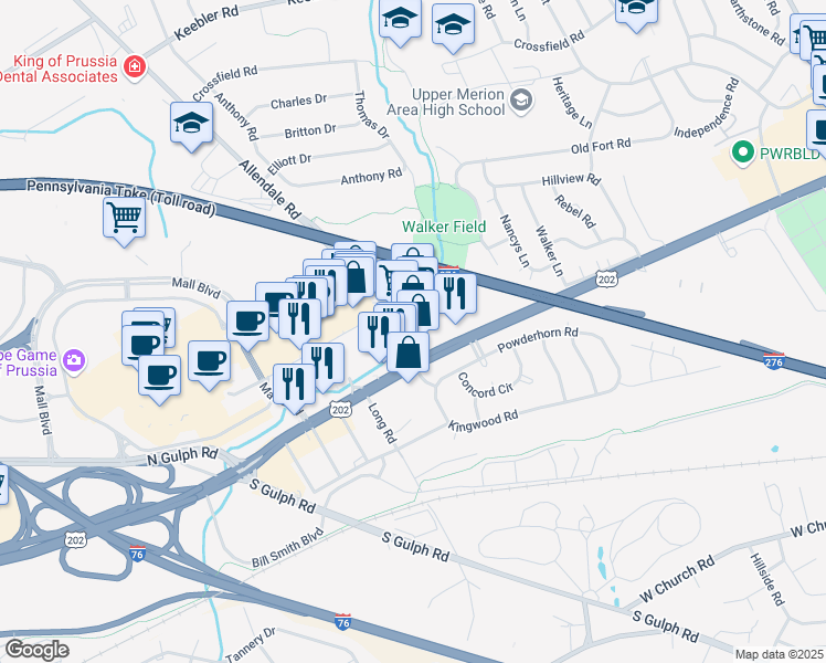 map of restaurants, bars, coffee shops, grocery stores, and more near 140 Allendale Road in King of Prussia