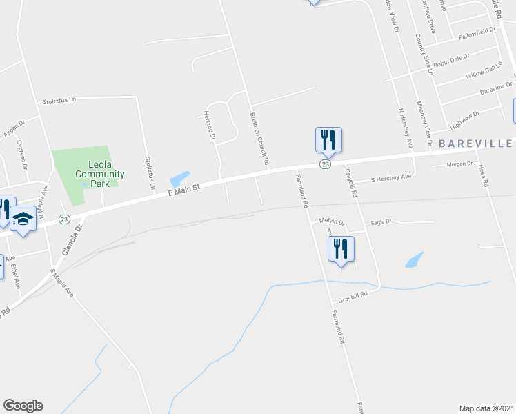 map of restaurants, bars, coffee shops, grocery stores, and more near 40 Stauffer Court in Leacock-Leola-Bareville