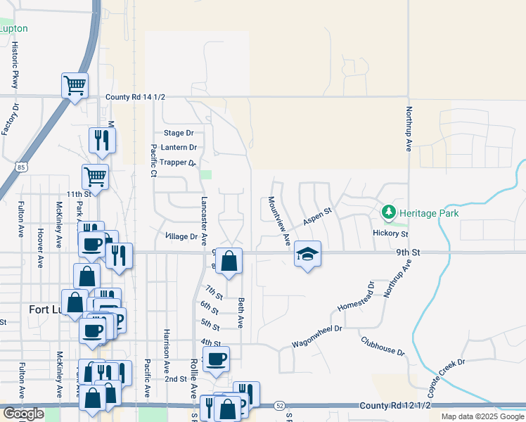 map of restaurants, bars, coffee shops, grocery stores, and more near 1105 Mountview Avenue in Fort Lupton