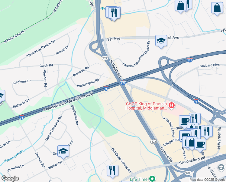 map of restaurants, bars, coffee shops, grocery stores, and more near 389 Drummers Lane in Wayne