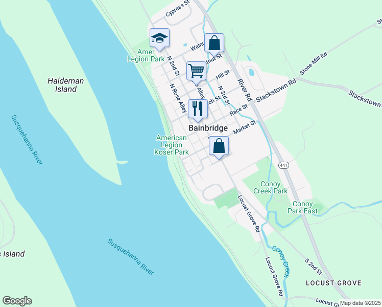map of restaurants, bars, coffee shops, grocery stores, and more near 100 Market Street in Bainbridge