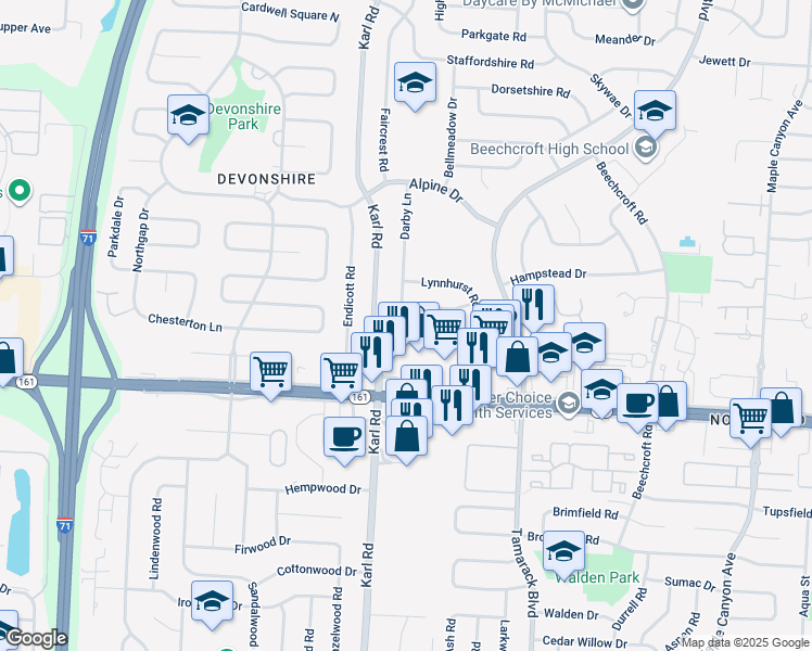 map of restaurants, bars, coffee shops, grocery stores, and more near 1649 Durbridge Road in Columbus