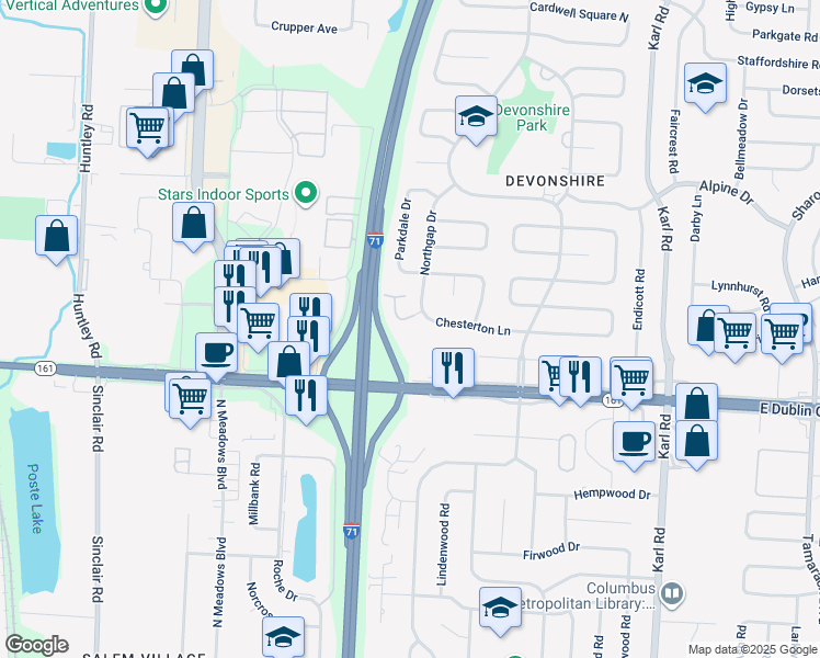 map of restaurants, bars, coffee shops, grocery stores, and more near 1177 Sanborn Place in Columbus
