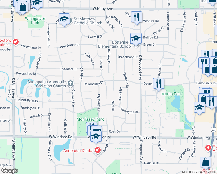 map of restaurants, bars, coffee shops, grocery stores, and more near 2107 Galen Drive in Champaign