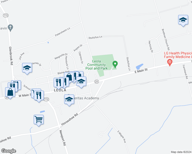 map of restaurants, bars, coffee shops, grocery stores, and more near 16 Ann Road in Leacock-Leola-Bareville
