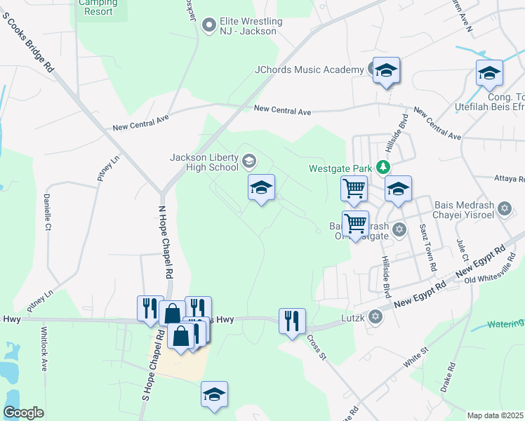 map of restaurants, bars, coffee shops, grocery stores, and more near 125 North Hope Chapel Road in Jackson Township