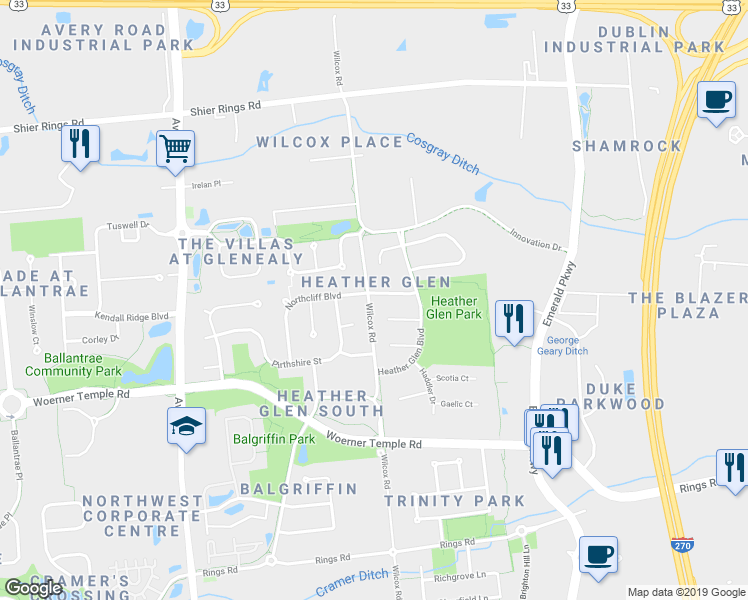 map of restaurants, bars, coffee shops, grocery stores, and more near 5923 Northcliff Boulevard in Dublin