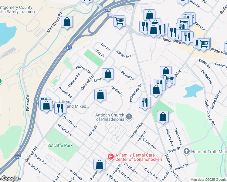 map of restaurants, bars, coffee shops, grocery stores, and more near 135 Scarlet Drive in Conshohocken