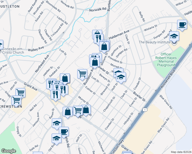 map of restaurants, bars, coffee shops, grocery stores, and more near 1832 Lott Street in Philadelphia