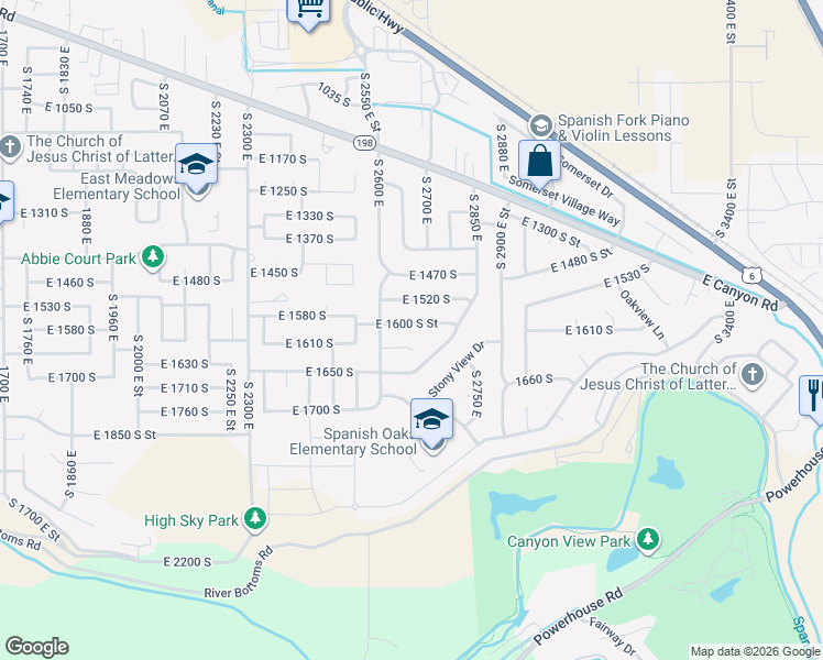 map of restaurants, bars, coffee shops, grocery stores, and more near 2662 East 1600 South Street in Spanish Fork